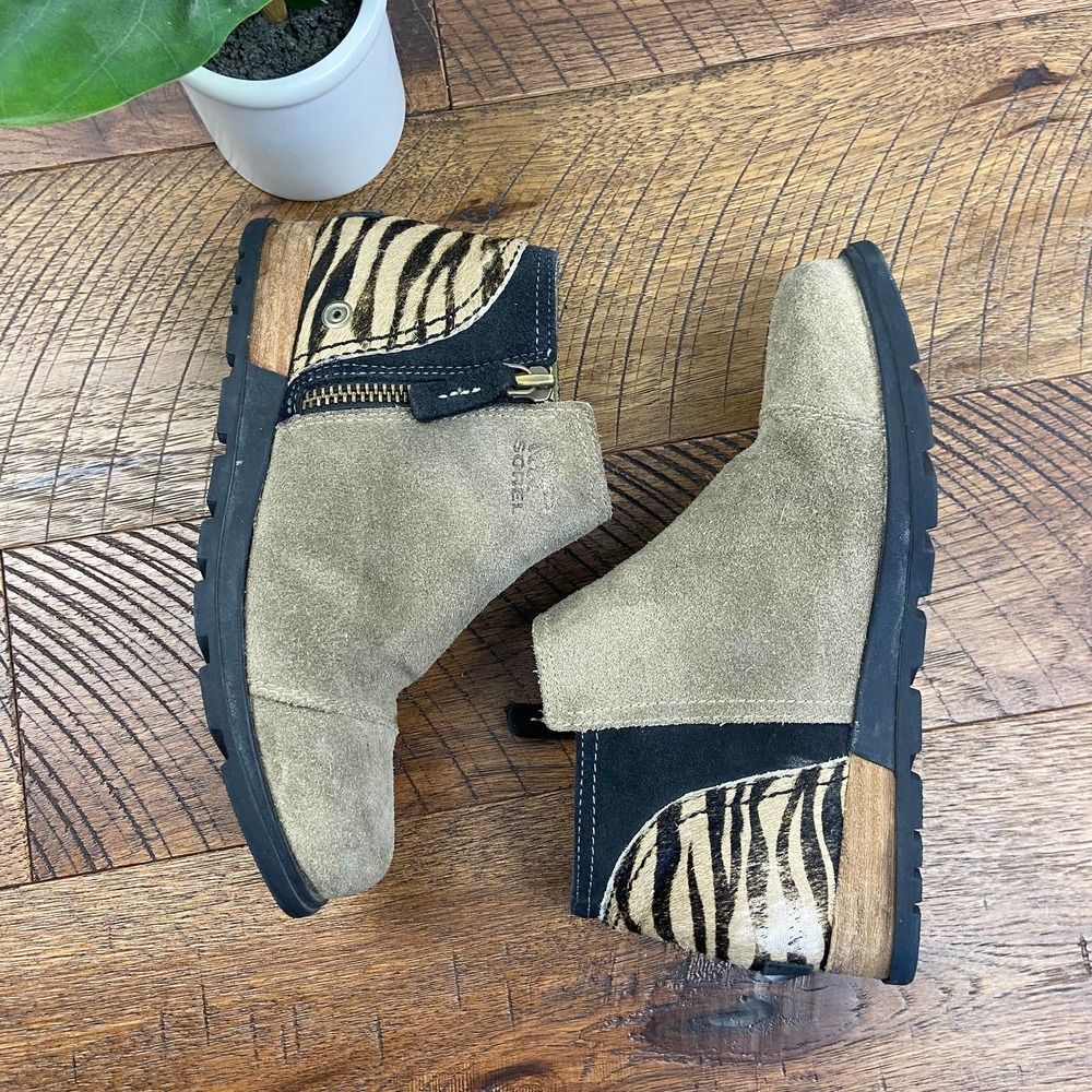 SOREL 6 Major Suede Ankle Bootie Zebra Print leather calf fur boot womens
